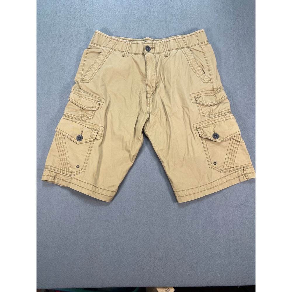 PLUGG Men's Beige Cargo Shorts Cotton Spandex Pockets Button Zip Flat Front
